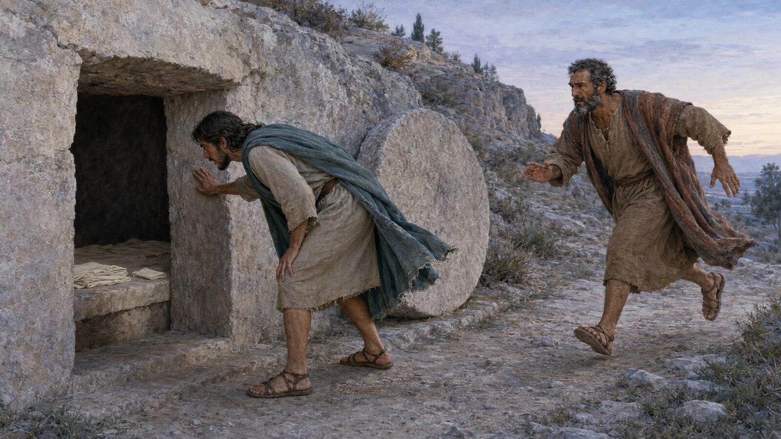 John stoops outside the empty tomb to see the linen cloths as Peter runs toward him