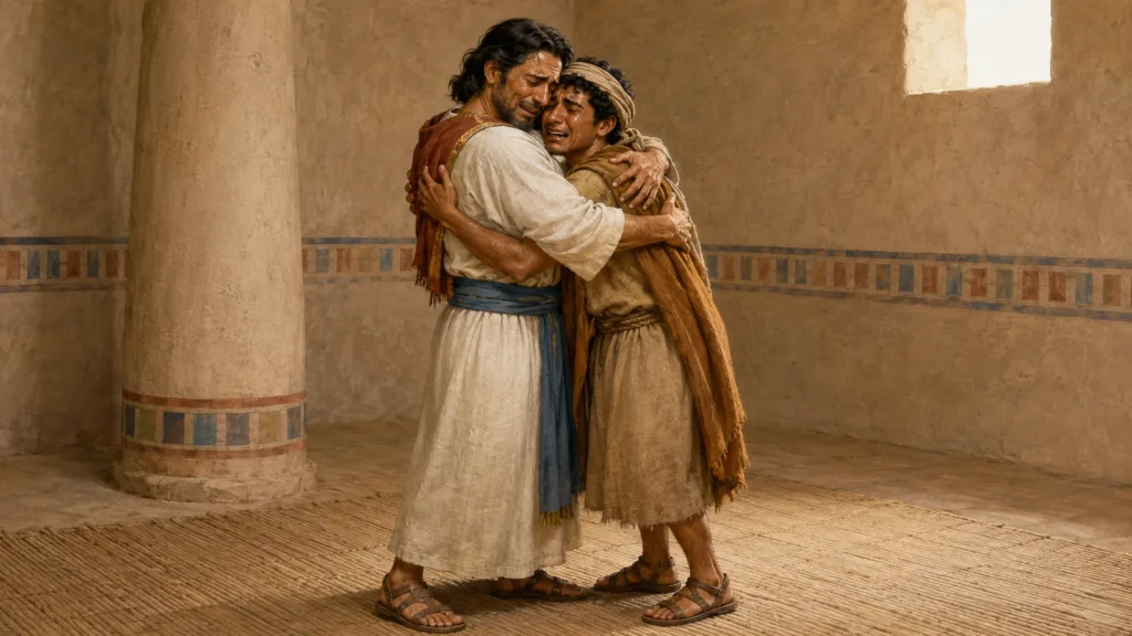 Joseph and Benjamin weep as they embrace after Joseph reveals himself