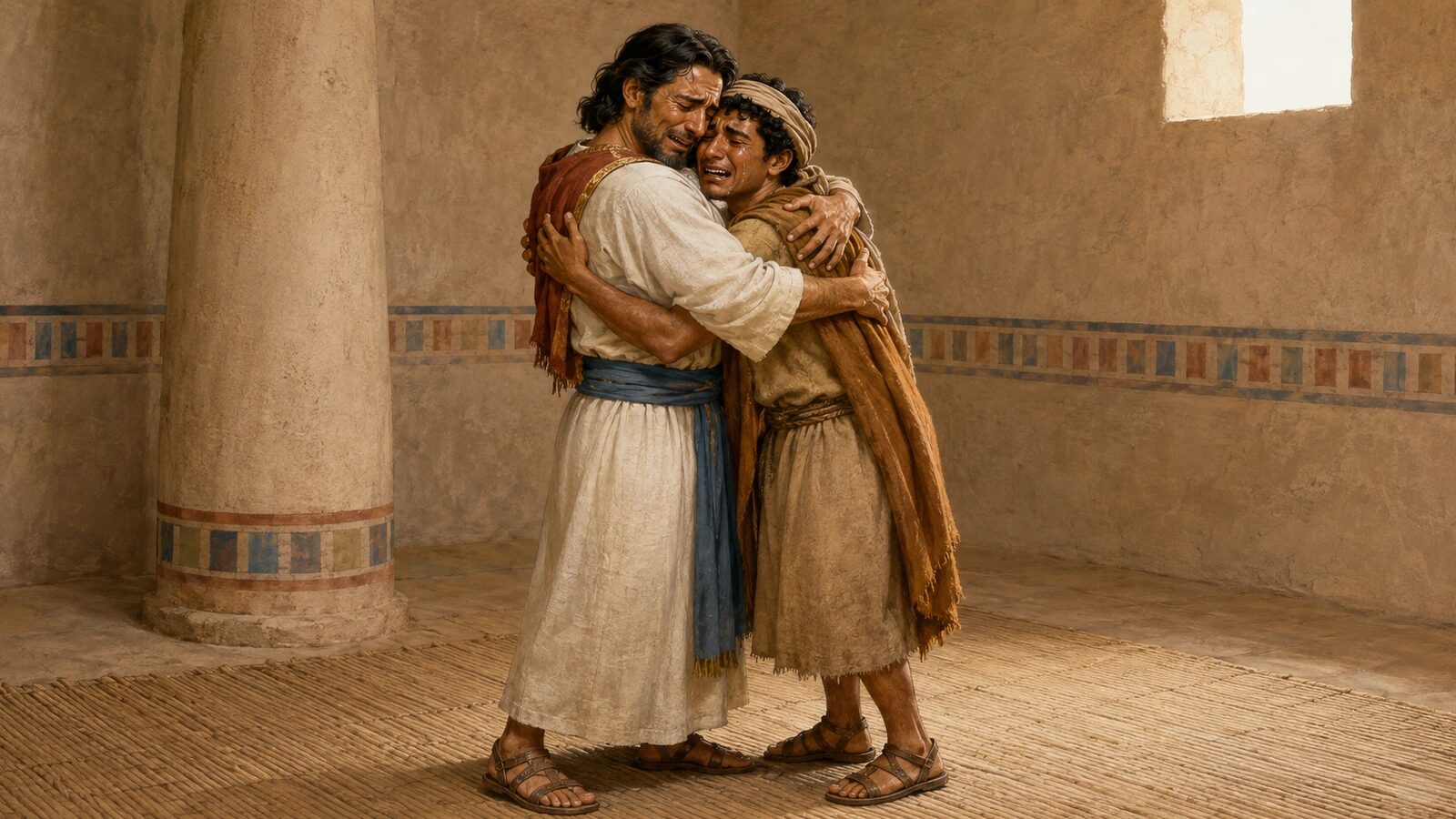 Joseph and Benjamin weep in reconciliation Joseph and Benjamin weep as they embrace after Joseph reveals himself