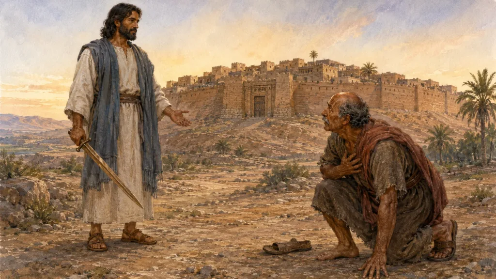 Joshua bows with one sandal removed before the drawn-sword Commander outside shut Jericho
