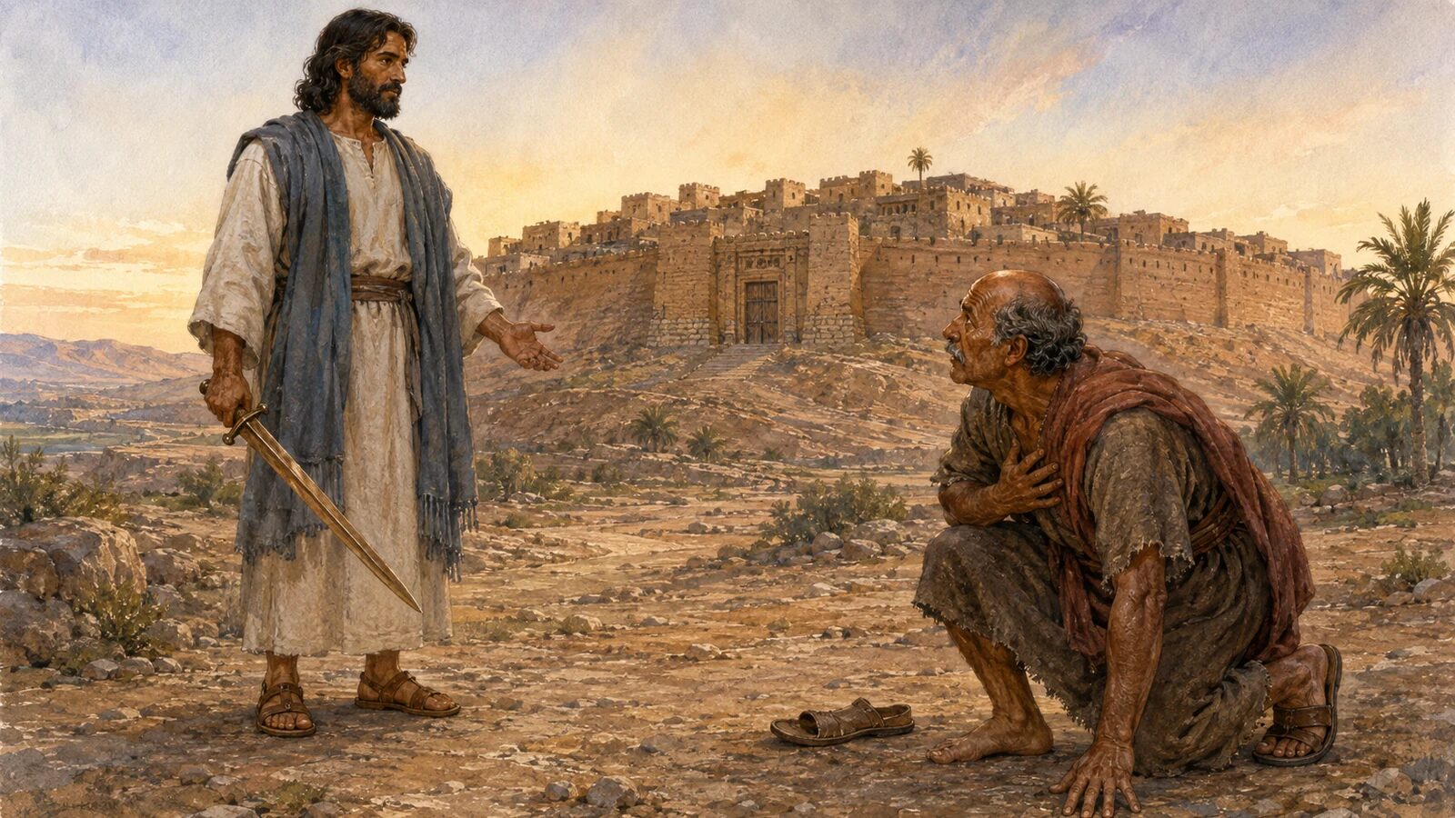 Joshua bows with one sandal removed before the drawn-sword Commander outside shut Jericho