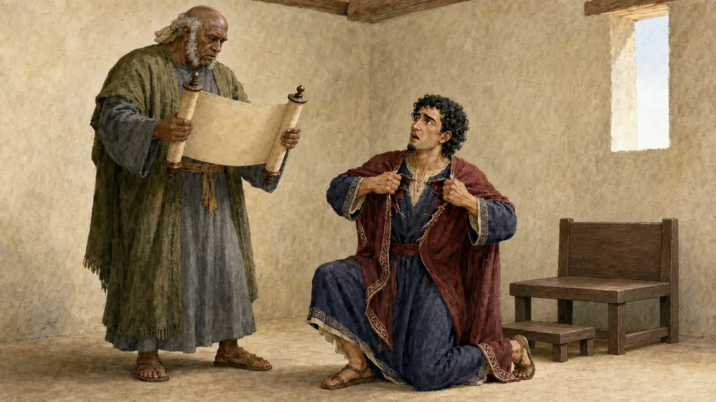 King Josiah tears his robe after Shaphan reads the recovered Book of the Law