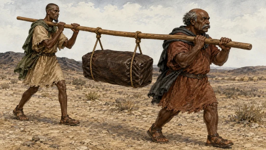 Two Kohathite Levites carry a fully wrapped sacred bundle on a shoulder beam