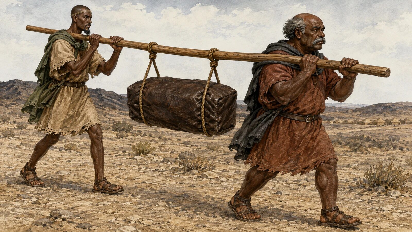 Two Kohathite Levites carry a fully wrapped sacred bundle on a shoulder beam