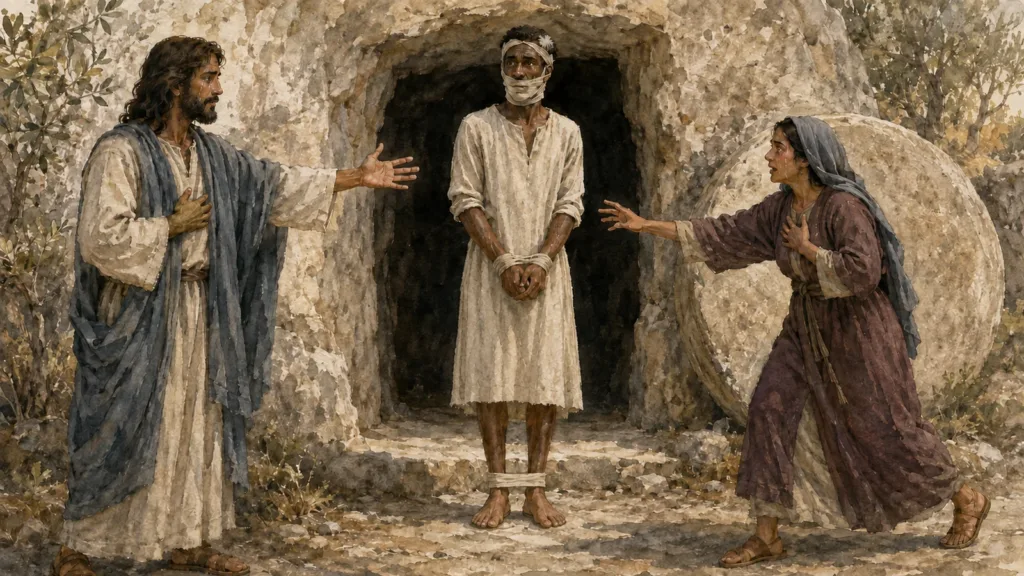 Jesus commands as Lazarus stands alive and bound outside the Bethany tomb while Martha reaches toward him