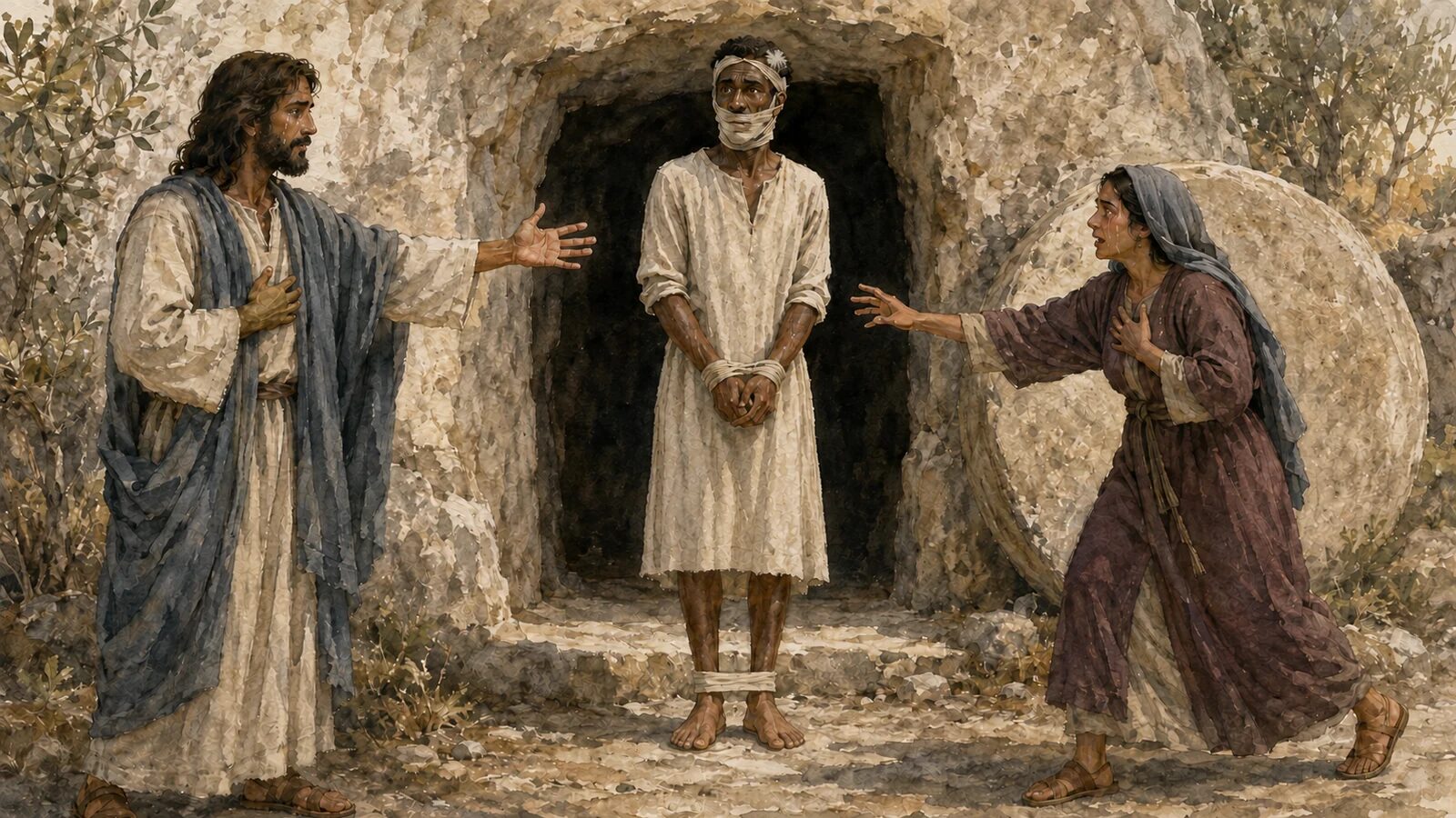 Lazarus raised at Bethany Jesus commands as Lazarus stands alive and bound outside the Bethany tomb while Martha reaches toward him