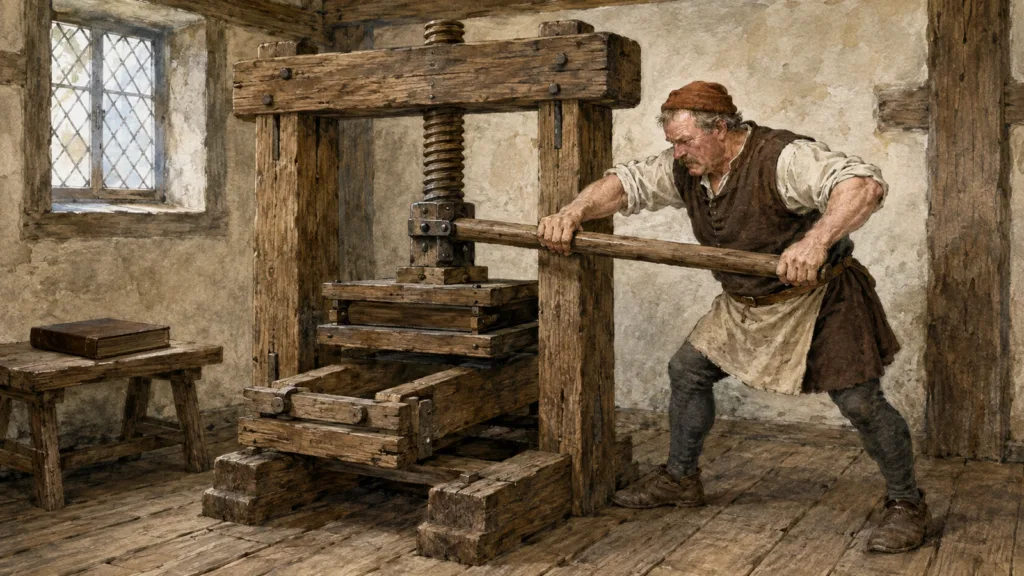A fifteenth-century Mainz pressman pulls a wooden screw press while a closed Bible rests nearby