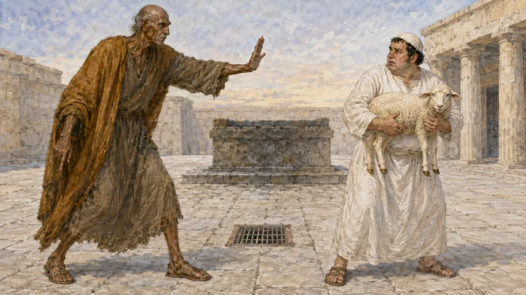 Malachi confronts a priest carrying a blind lamb toward the altar