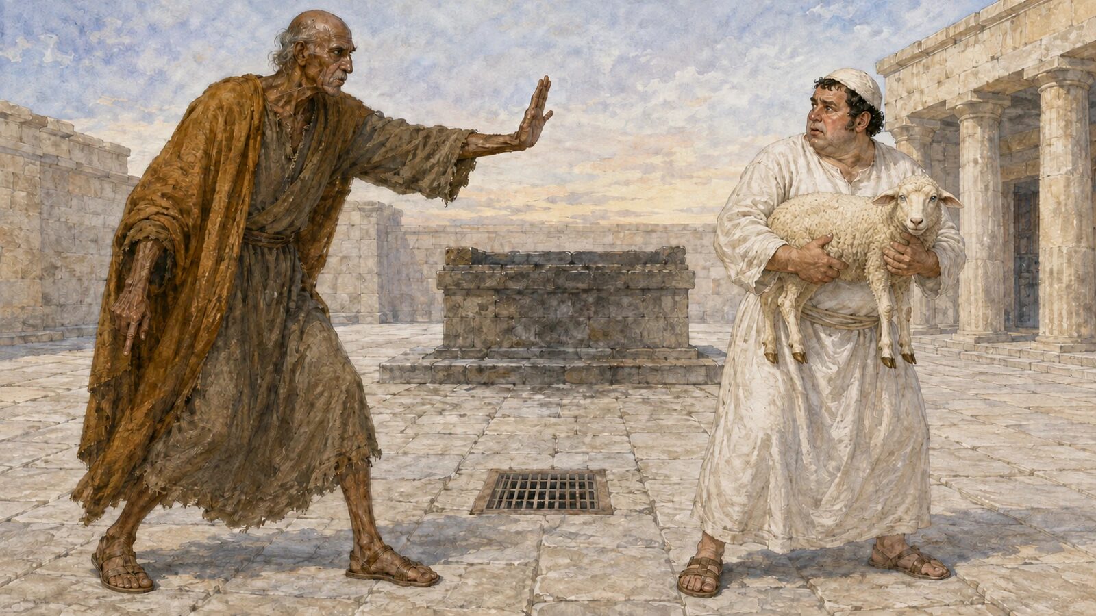 Malachi confronts a priest carrying a blind lamb toward the altar