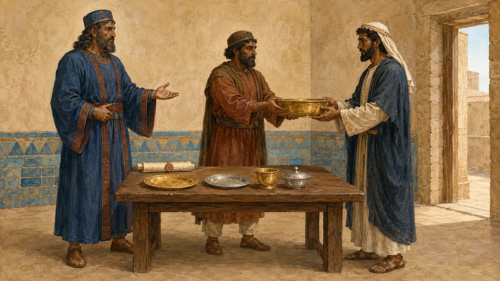 Mithredath transfers a temple vessel to Sheshbazzar as King Cyrus authorizes its return