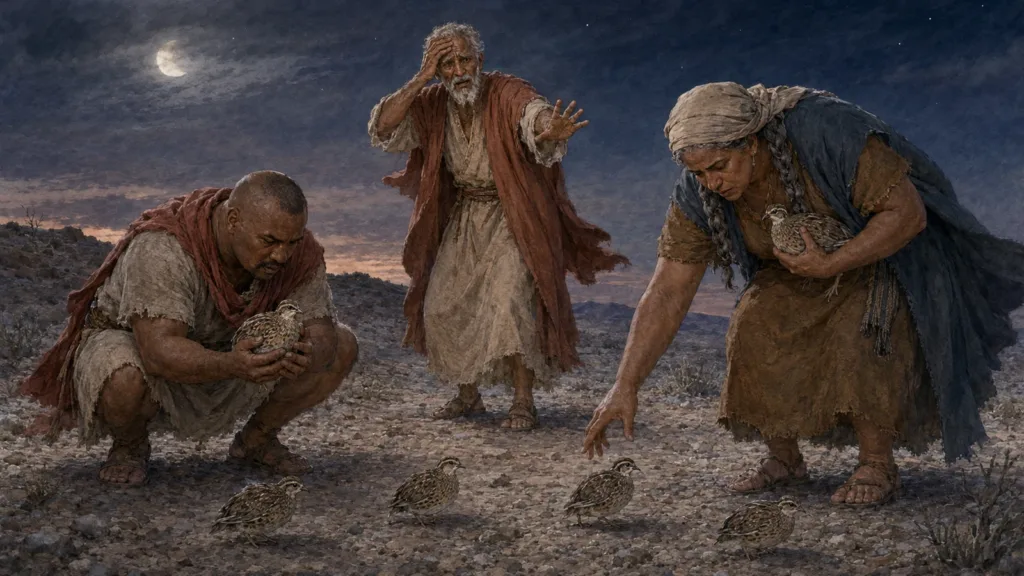 Moses warns as two Israelites gather quail through the night in the wilderness