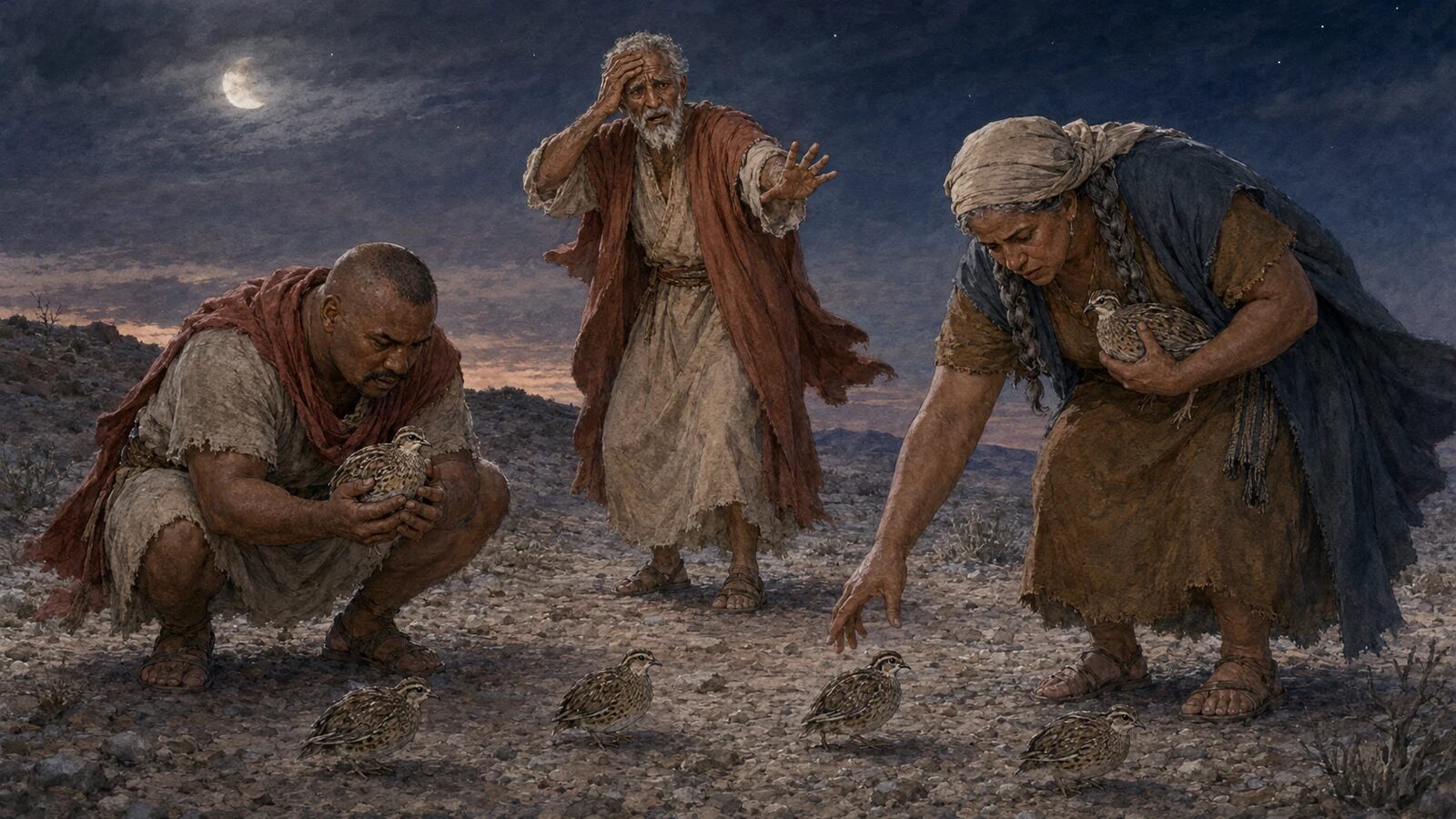 Moses warns as Israelites gather quail Moses warns as two Israelites gather quail through the night in the wilderness