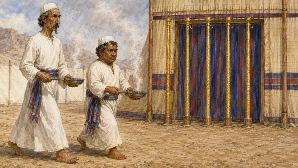Nadab and Abihu carry separate smoking censers before the Sinai tabernacle