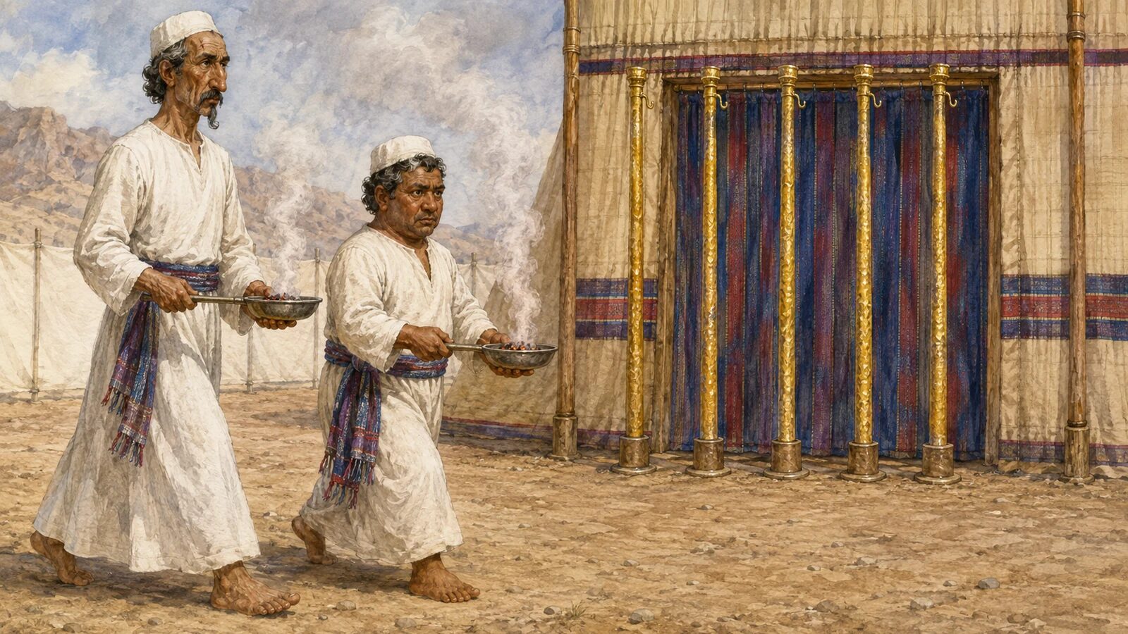Nadab and Abihu offer unauthorized fire Nadab and Abihu carry separate smoking censers before the Sinai tabernacle