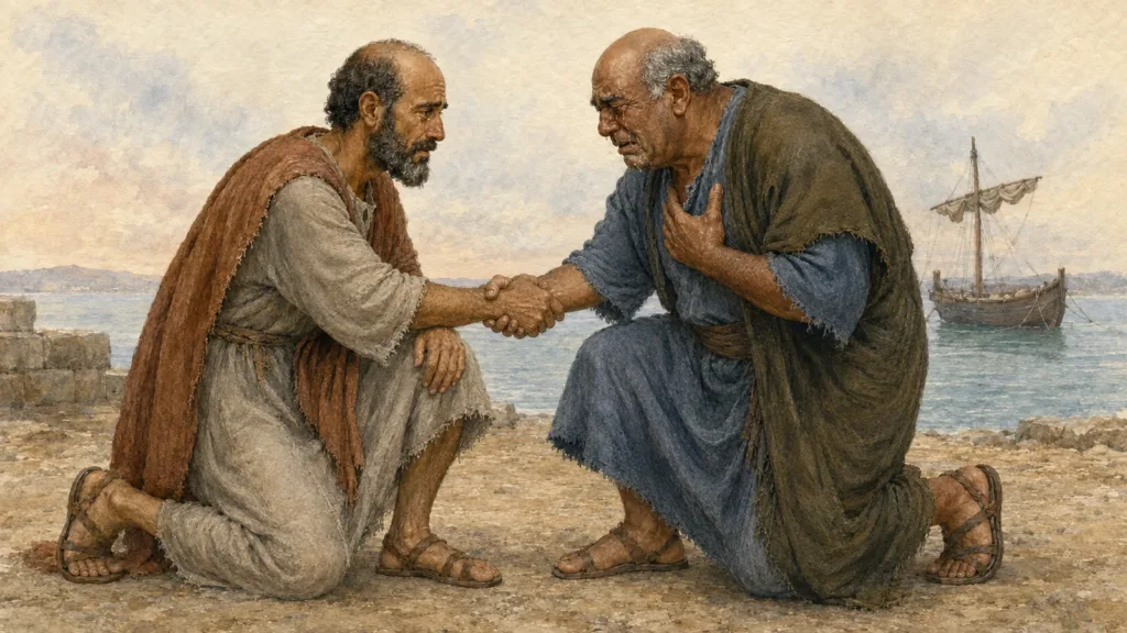 Paul and an Ephesian elder kneel in tears during their farewell at Miletus