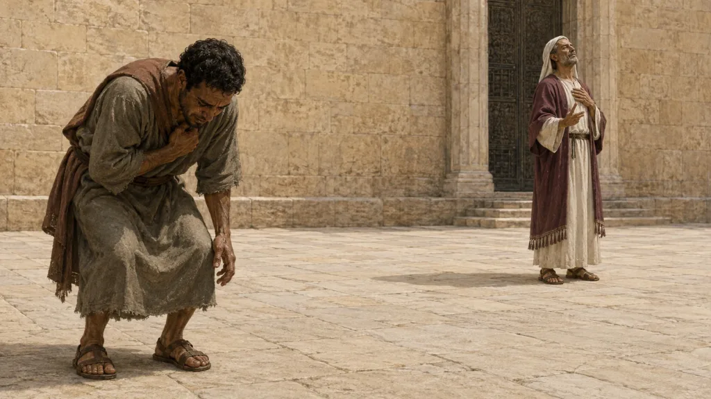 A downcast tax collector beats his breast while a Pharisee stands apart in the Temple court