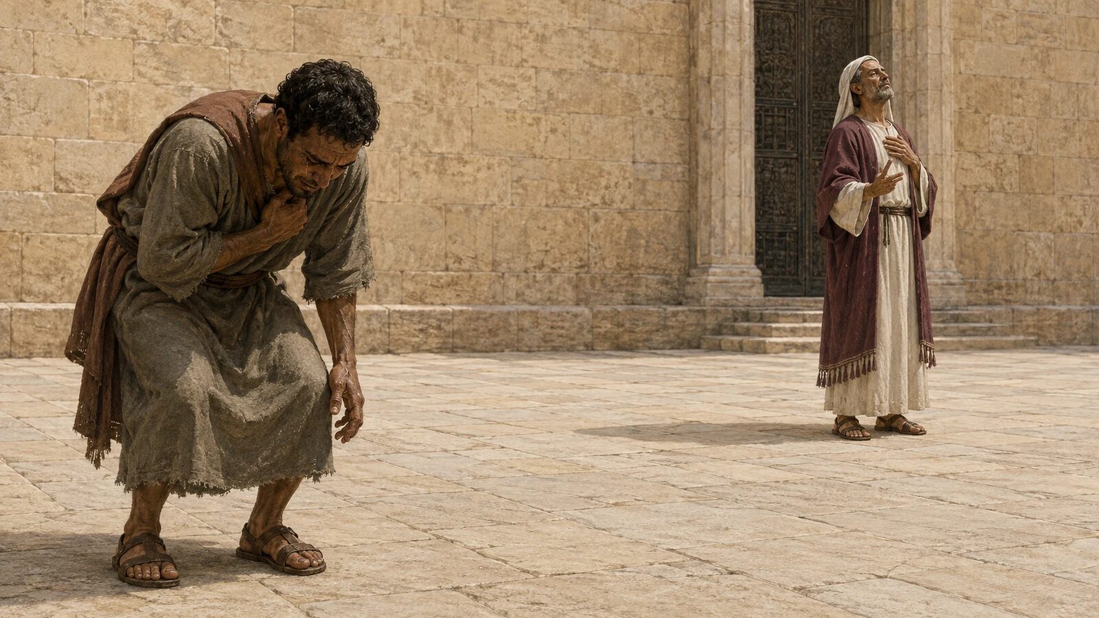 The Pharisee and Tax Collector Pray A downcast tax collector beats his breast while a Pharisee stands apart in the Temple court