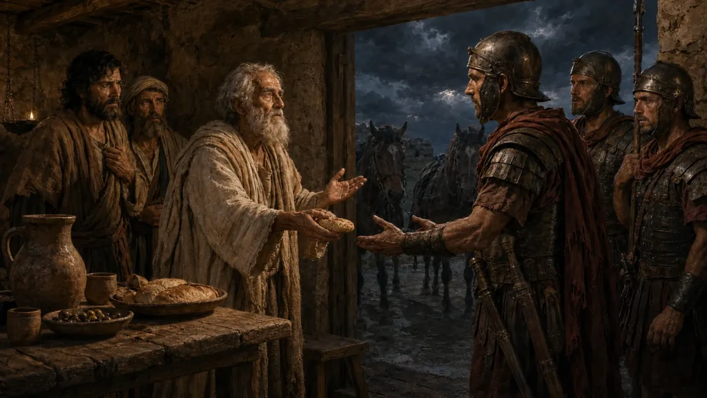 The elderly pastor Polycarp offers bread to arresting officers and calmly asks time to pray