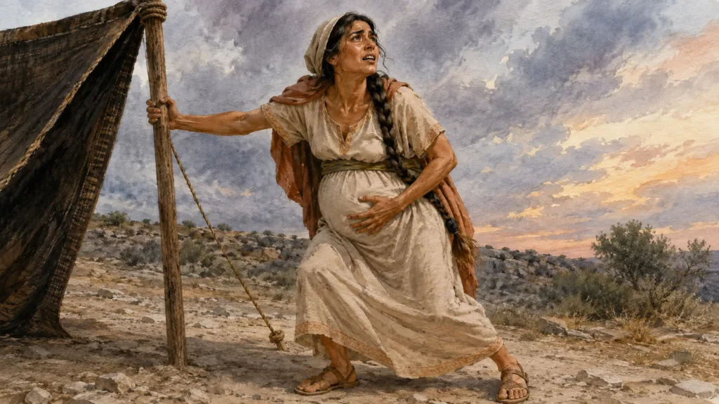 Pregnant Rebekah braces against a tent pole as she goes to inquire of the LORD in Genesis 25