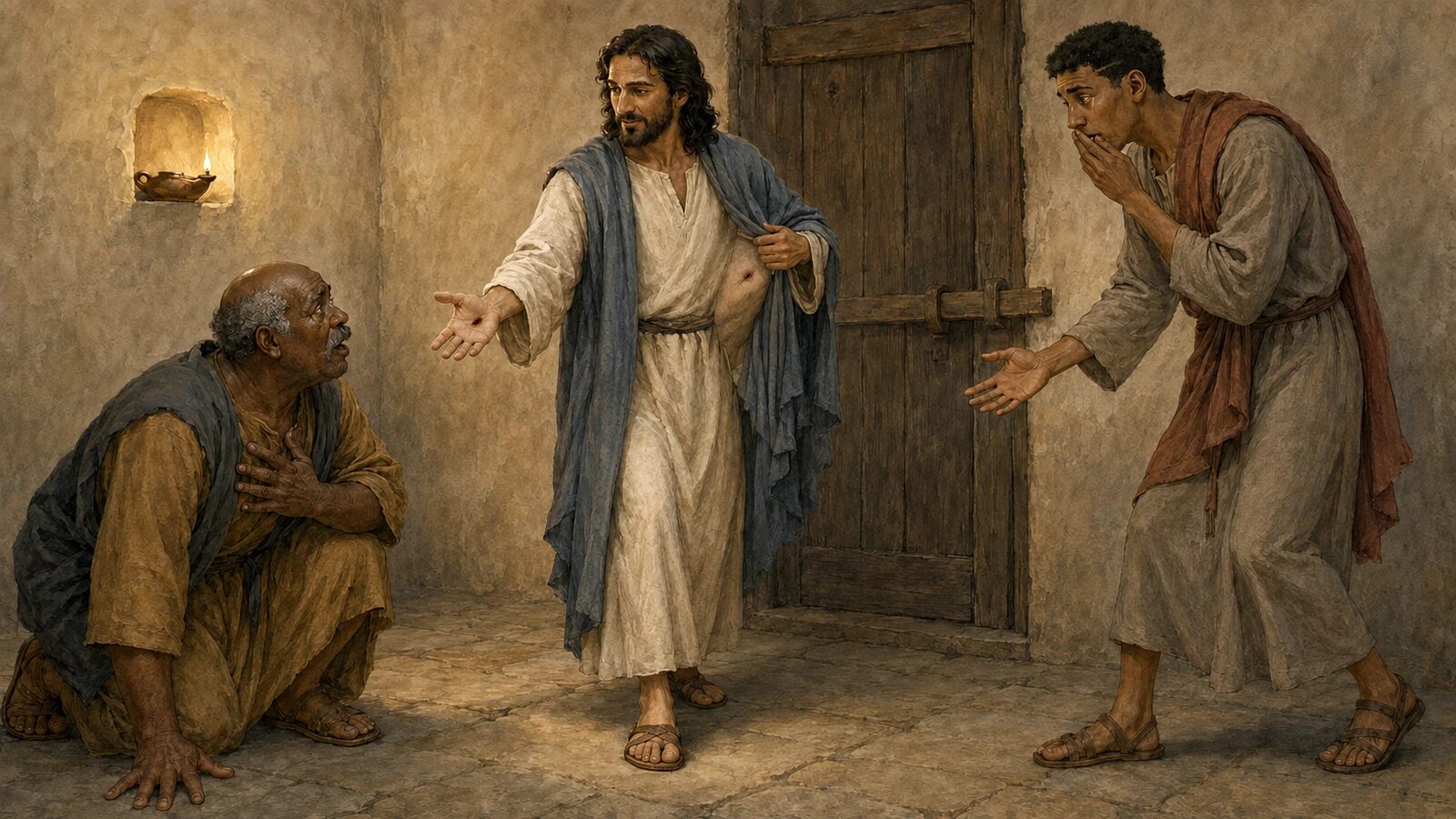 The risen Jesus shows healed wounds as two disciples move from grief to astonished joy