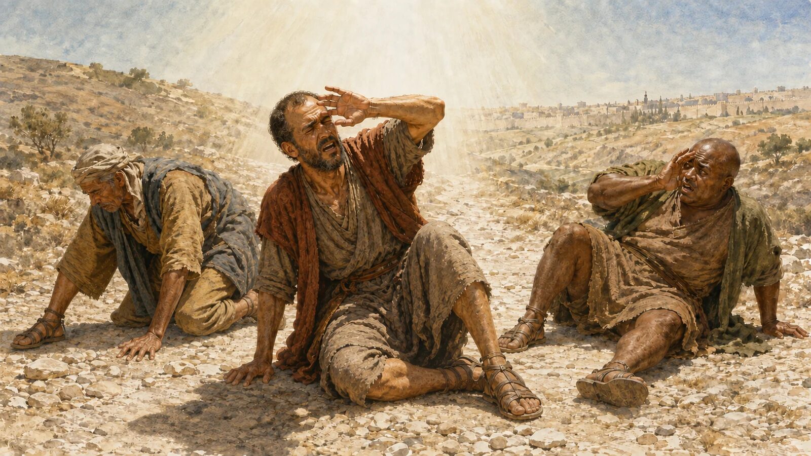 Saul falls before heavenly light near Damascus Saul and two companions fall under the heavenly light near Damascus