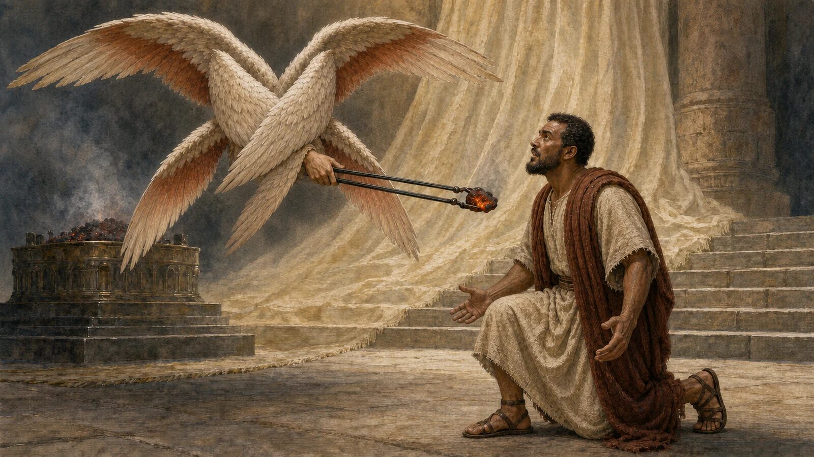 Seraph carries altar coal to Isaiah A six-winged seraph carries a coal with tongs toward the kneeling prophet Isaiah