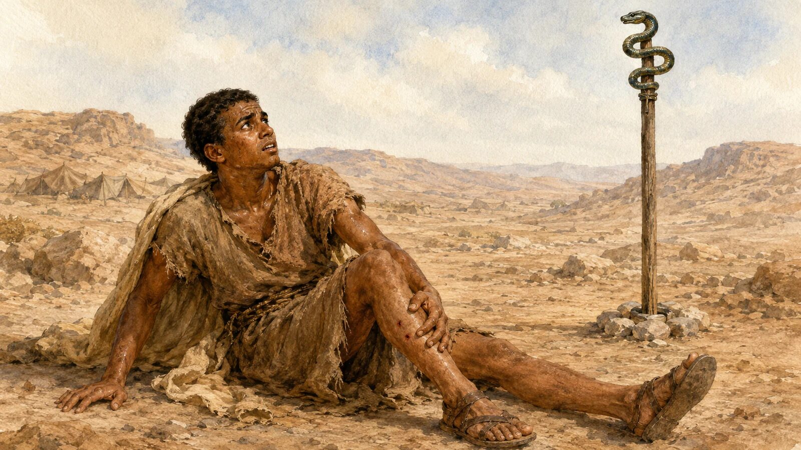 A bitten Israelite looks toward the bronze serpent lifted on a pole in the wilderness