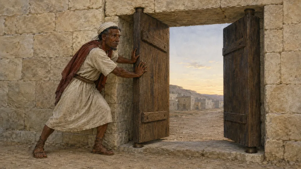 The Korahite gatekeeper Shallum opens the restored temple gate at dawn