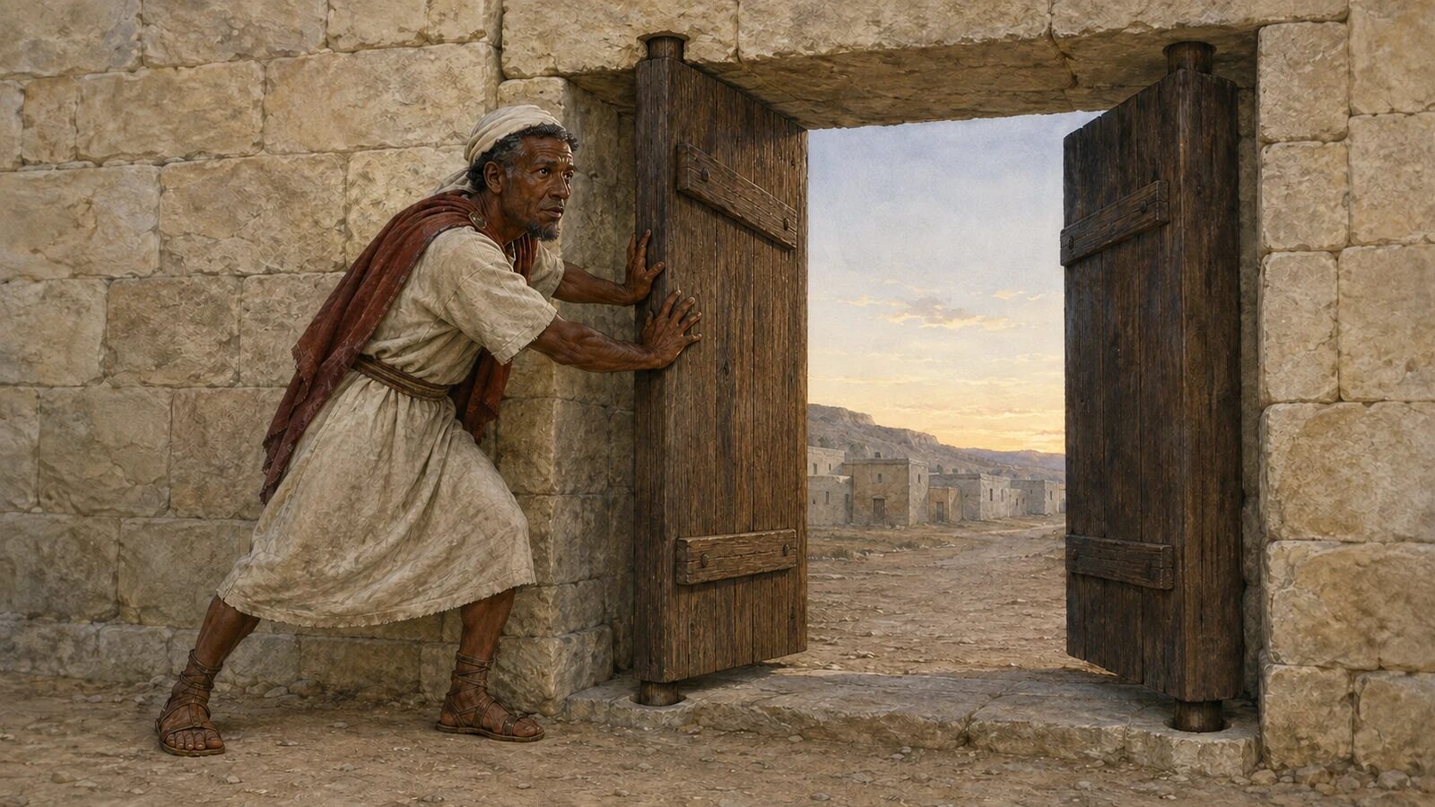 Shallum opens the temple gate at dawn The Korahite gatekeeper Shallum opens the restored temple gate at dawn