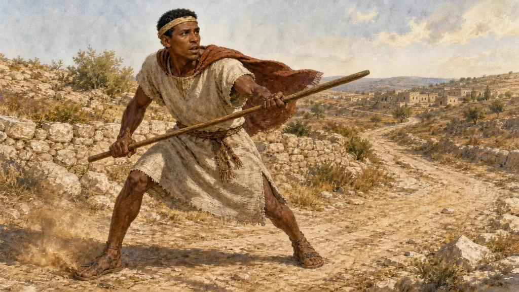 Shamgar braces on a deserted road with both hands gripping a plain wooden oxgoad