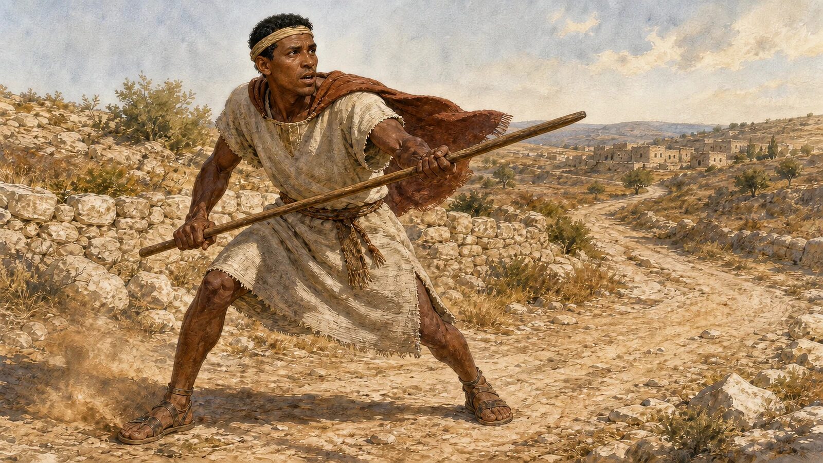 Shamgar braces on a deserted road with both hands gripping a plain wooden oxgoad