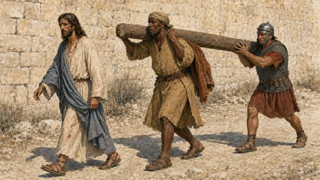 A Roman soldier forces Simon of Cyrene to carry the execution timber behind Jesus