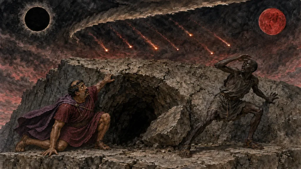 A ruler and an enslaved laborer seek the same cave beneath the black sun and bloodlike moon of the sixth seal