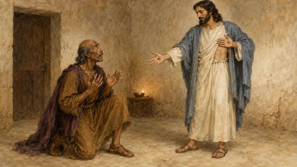 Thomas kneels in awe before the risen Jesus without touching His wounds