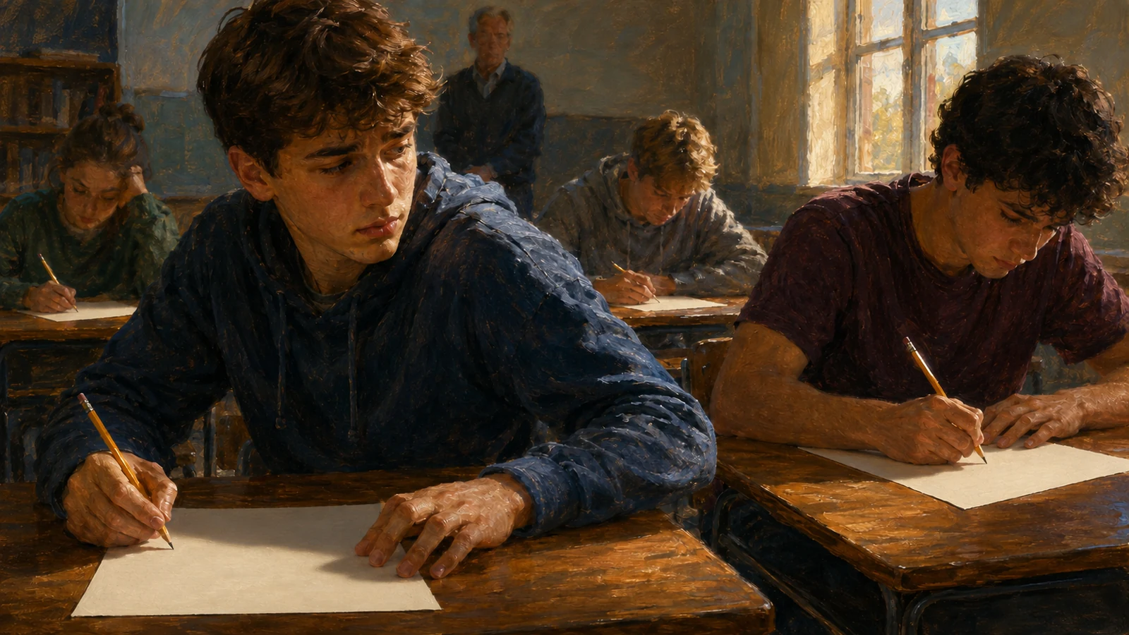 A student glances toward a nearby exam but keeps working honestly on his own paper