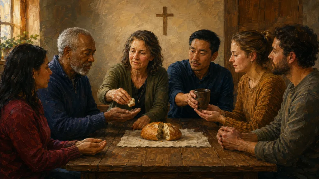 Six believers share broken bread and a simple cup together around a church table