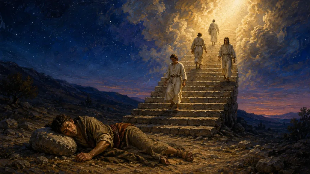 Jacob sleeps beside a stone as four angels ascend and descend a stairway set on earth