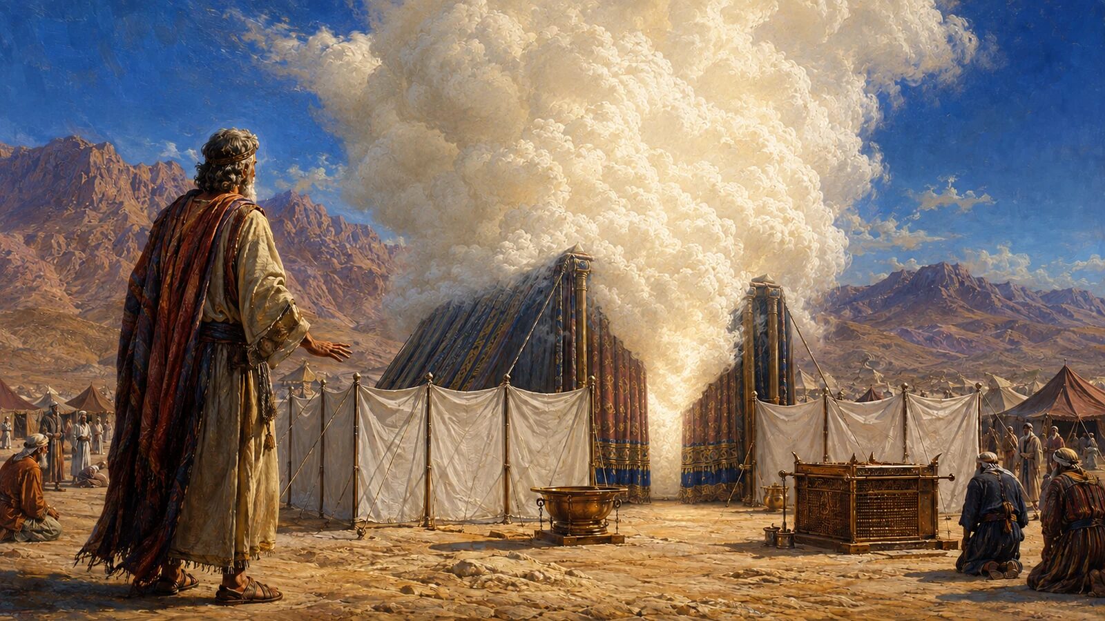 Moses stops outside as luminous cloud fills the completed wilderness tabernacle