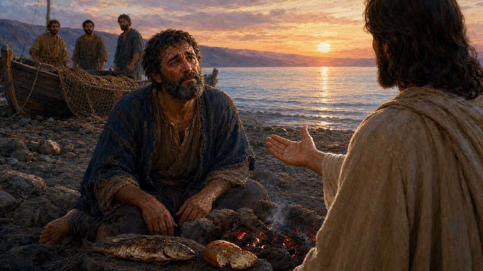 A humbled Peter listens as the risen Jesus recommissions him beside a charcoal fire