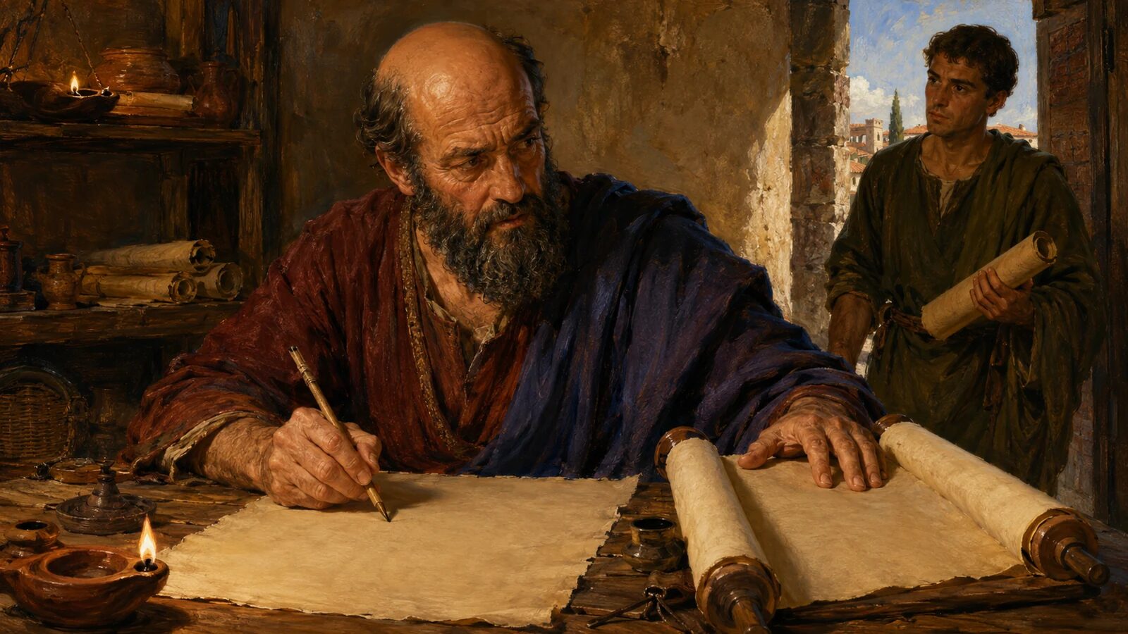 A balding Paul writes beside Scripture scrolls as Timothy arrives