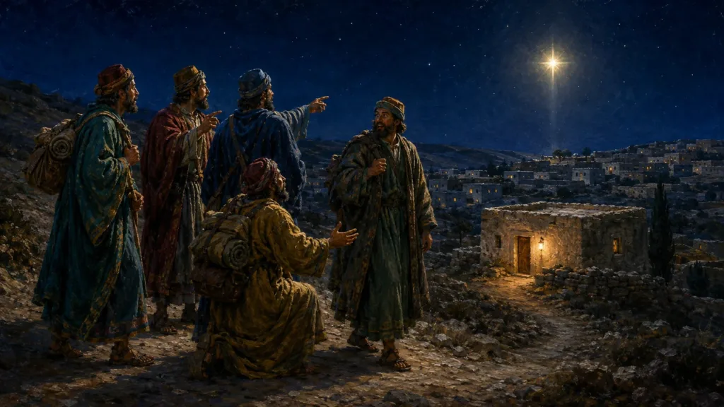 Five uncrowned Magi rejoice as one special star stands over a Bethlehem house