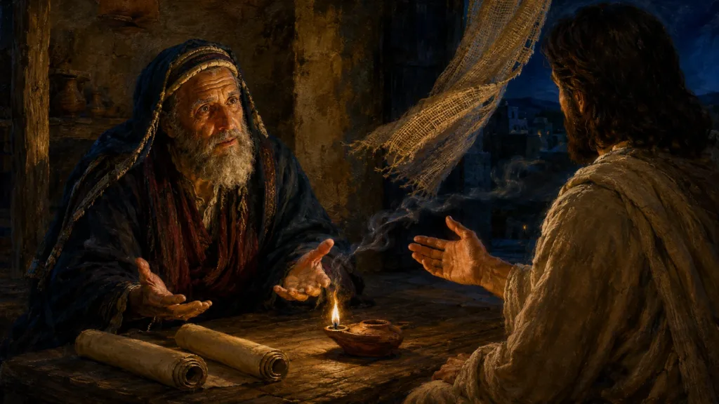 Nicodemus listens with open hands as Jesus teaches him about new birth by the Spirit