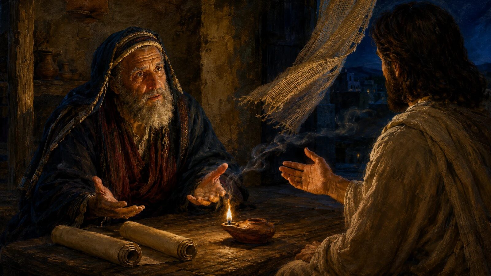 Nicodemus listens with open hands as Jesus teaches him about new birth by the Spirit
