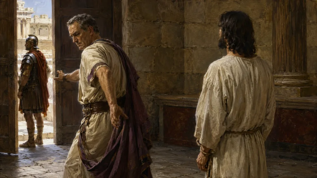 Pilate turns toward the judgment court while looking back at the bound and innocent Jesus