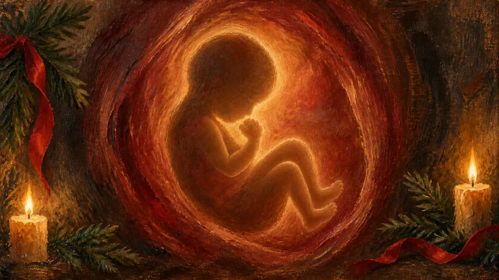 Unborn child in an abstract womb, painted beside restrained Christmas greenery and candles