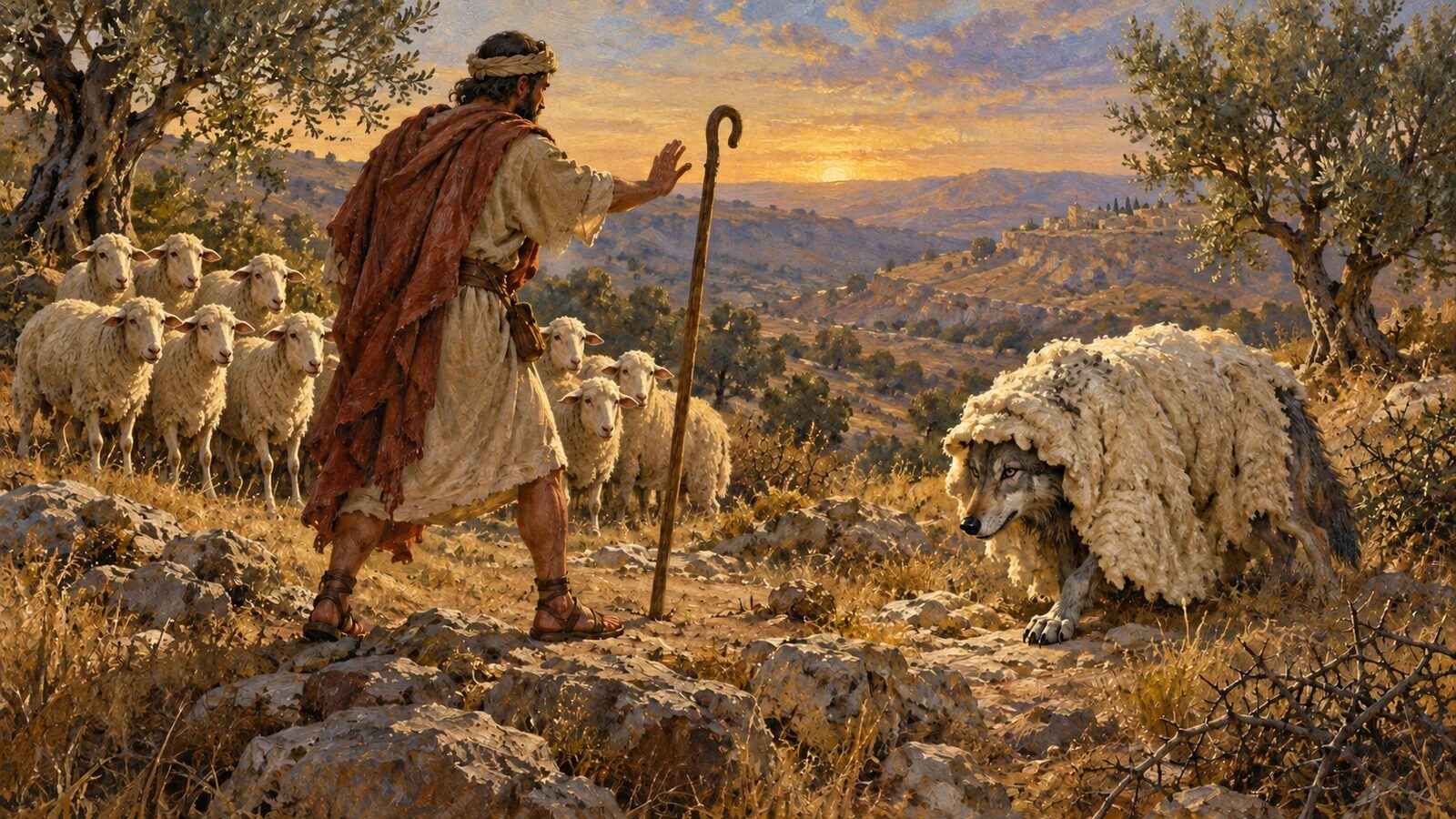 Shepherd recognizing a wolf concealed beneath sheep fleece
