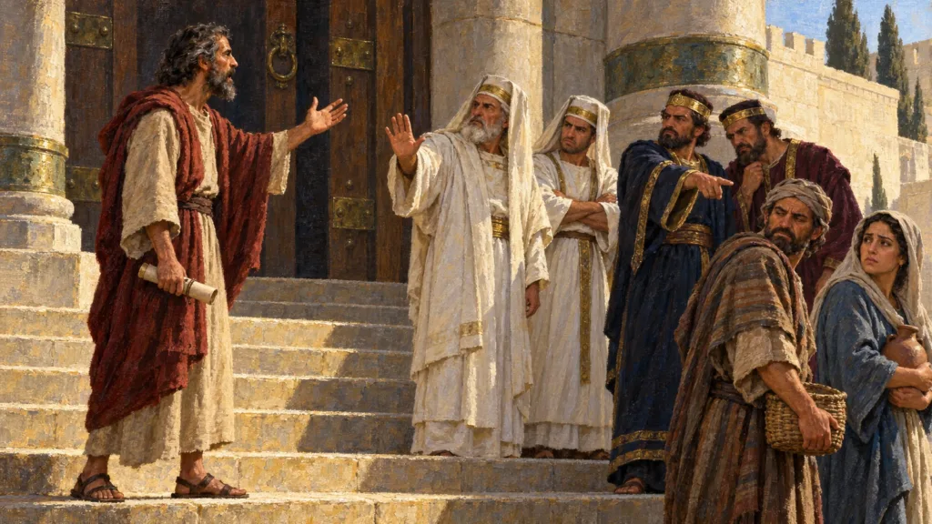 Jeremiah speaking Gods warning to resistant leaders at the temple gate