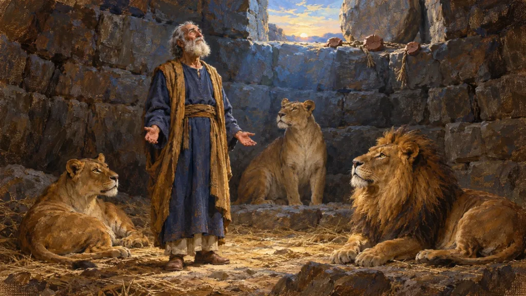 Elderly Daniel unharmed among three calm lions with closed mouths