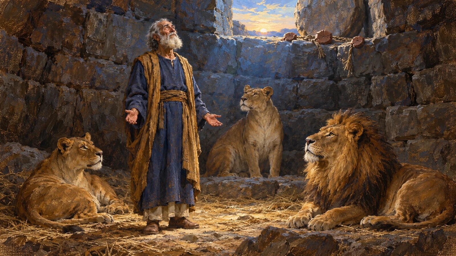Daniel in the Lions Den: Faithfulness When It Costs You Elderly Daniel unharmed among three calm lions with closed mouths