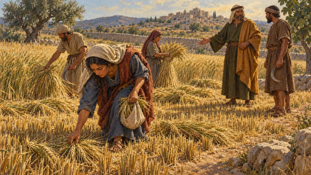 Ruth gleaning barley while Boaz directs that extra grain be left for her
